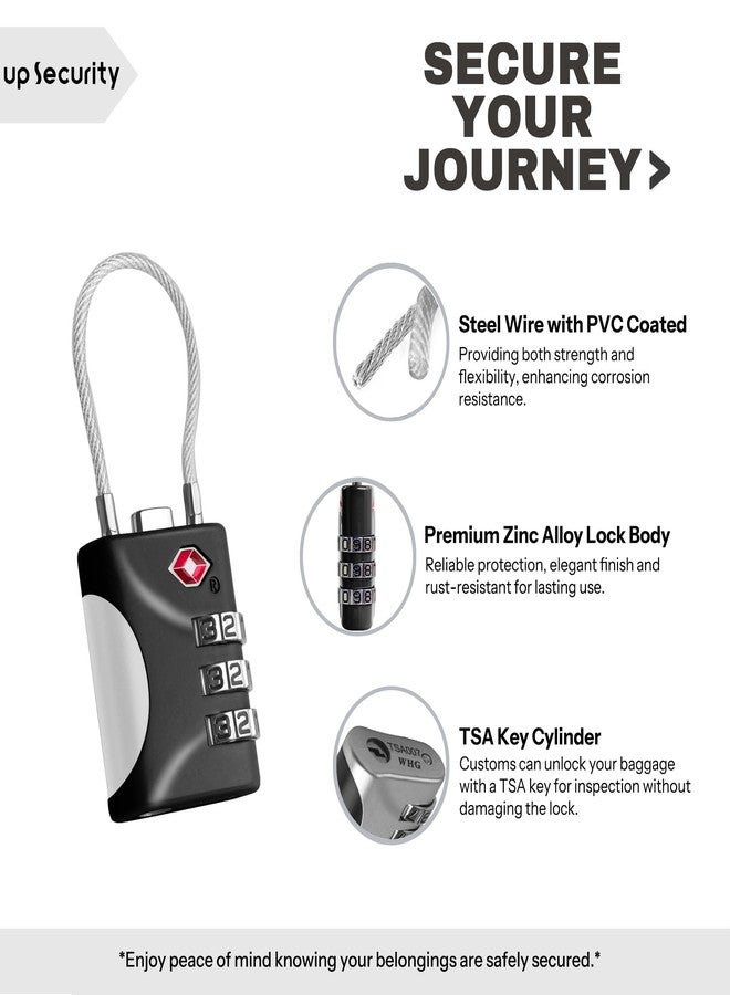 UP Security TSA Approved Luggage Locks - Small Combo Travel Padlock with Cable, TSA 007 Suitcase & Backpack Security, Durable & Easy to Use (Black+Black) - Image 4